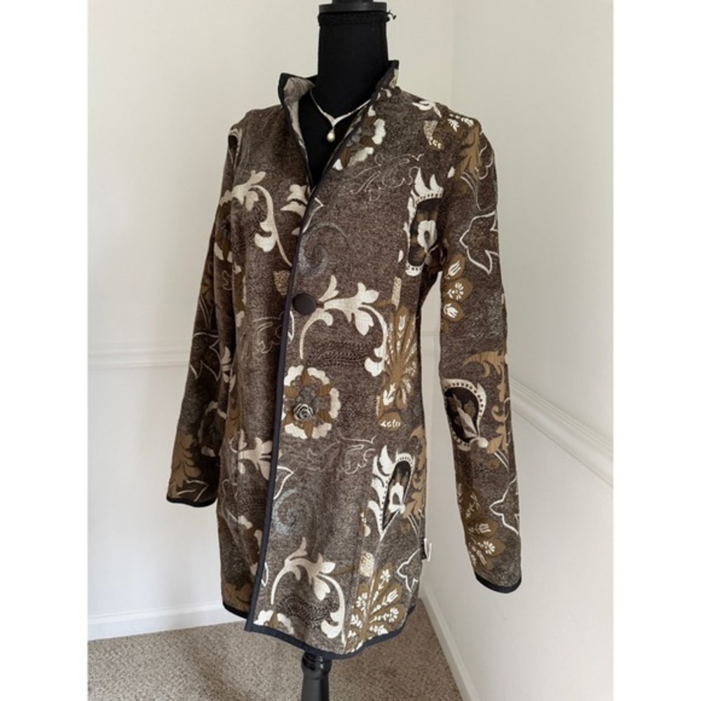 Trimdin‎ Reversible Artisan Jacket sz M Café Nouveau Brown Floral Tapestry Boho